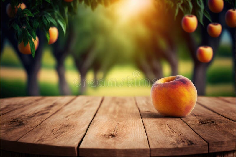 Focus Peach Fruit on the Wood Table with Blurred Peach Tree Background