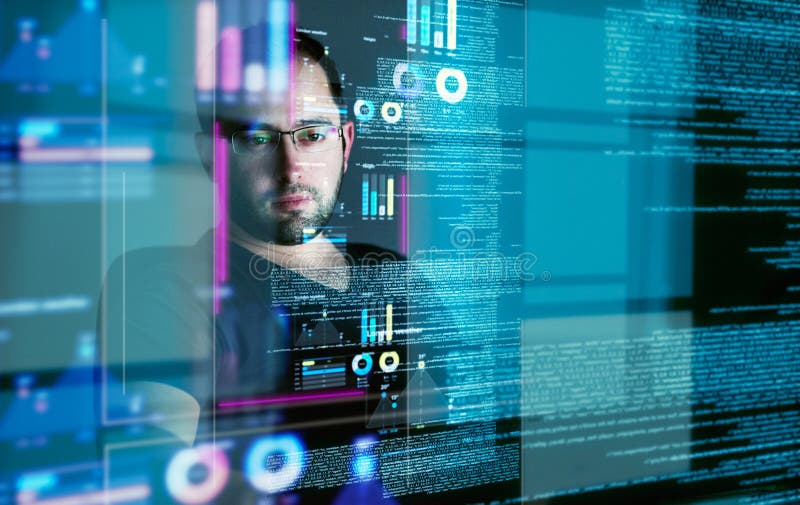Focus, programming man with hologram, code and futuristic with cyber security, digital software and big data. Male stock image