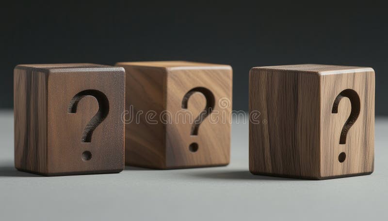 Focus On Single Wooden Block With Question Mark In Foreground In Dual Image On Grey Background With royalty free stock image