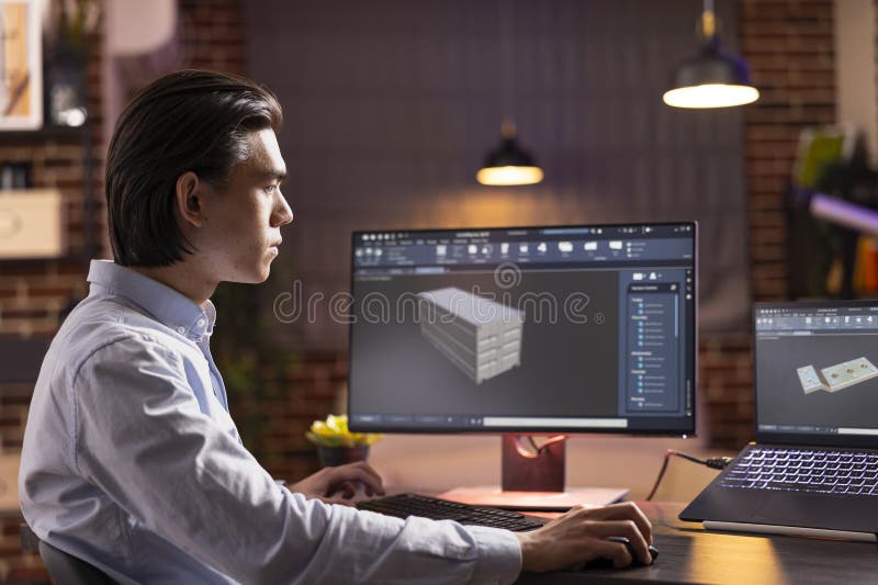 Focused freelancer developing prototypes in home office royalty free stock photography