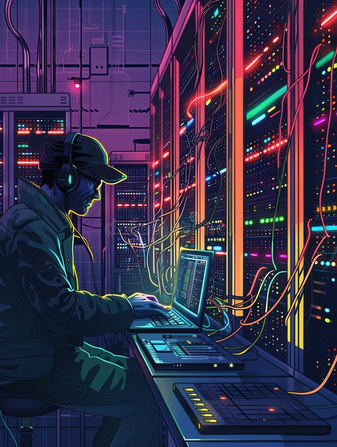 A focused hacker operates a laptop in a vibrant data center, surrounded by illuminated server racks and colorful cables stock photography