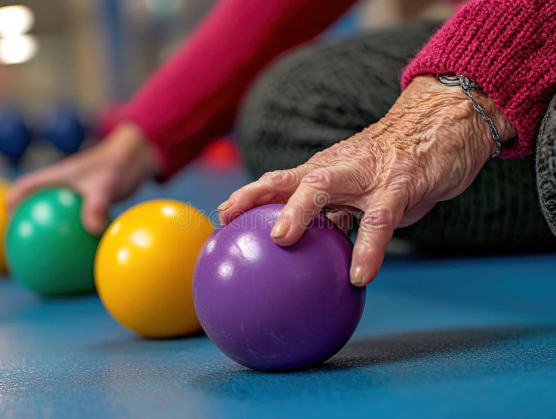 A focused image depicting hand therapy exercises to improve mobility and strength. stock images