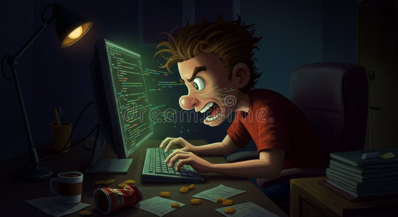 Nighttime Coding Session with Glowing Screen A focused individual programming in a dark room surrounded by snacks coffee stock illustration