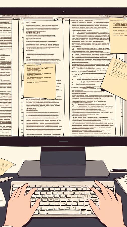 Focused individual working on a digital document at a modern workstation vector illustration