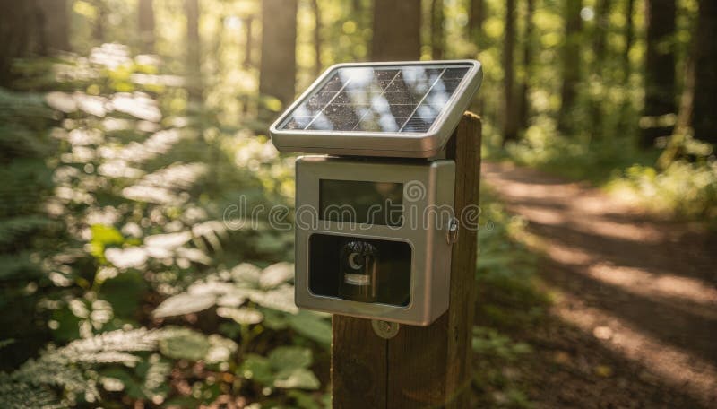 Focused medium shot of a compact trail counter on a forest hiking route sunlight reflecting off the solar panel royalty free stock photo
