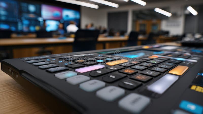 Focused medium shot on a sleek digital control panel with touch interface managing classroom tech with desks and stock image