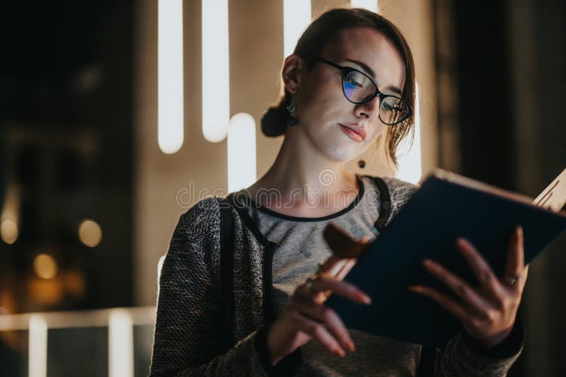 O femeie profesională orientată care citește documente pe timp de noapte în mediul urban stock images