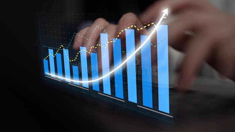 Hands Typing on a Keyboard with Graphs and Charts Showing Financial Growth and Analytics on a Transparent Screen in a vector illustration