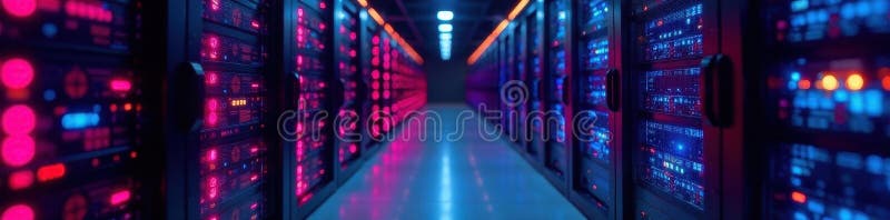 Focused server adjustments in vibrant data center , high tech, colorful stock illustration