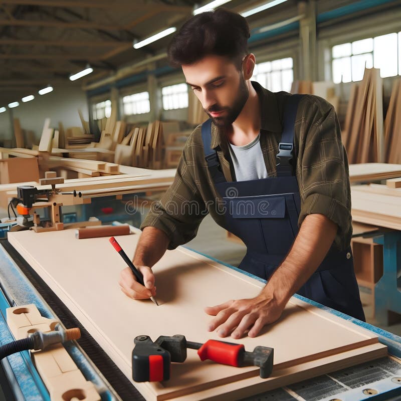 A Young Carpenter Works with Wooden Planks in a Furniture Making