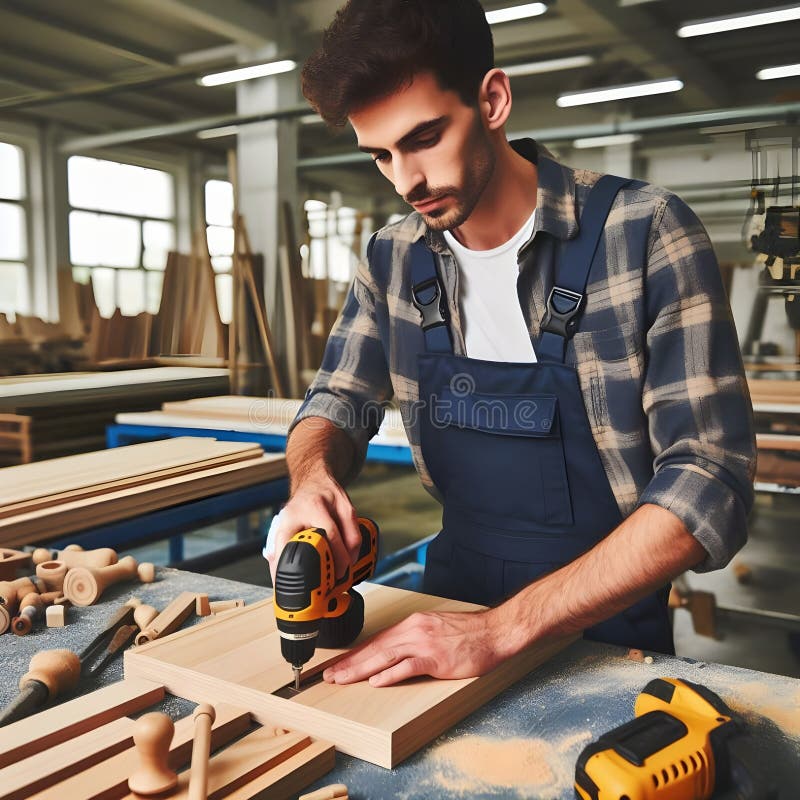 A Young Carpenter Works with Wooden Planks in a Furniture Making