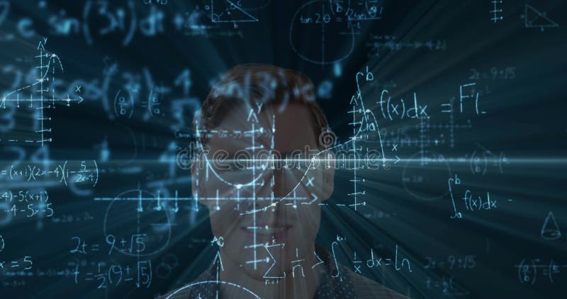 Focusing on complex calculations, man surrounded by mathematical formulas in school royalty free stock image