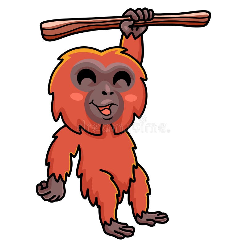 Desenho de macaco fofo pendurado no galho de uma árvore