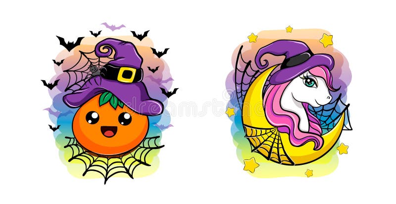 Desenho de unicórnio kawaii com abóbora para o halloween 668085