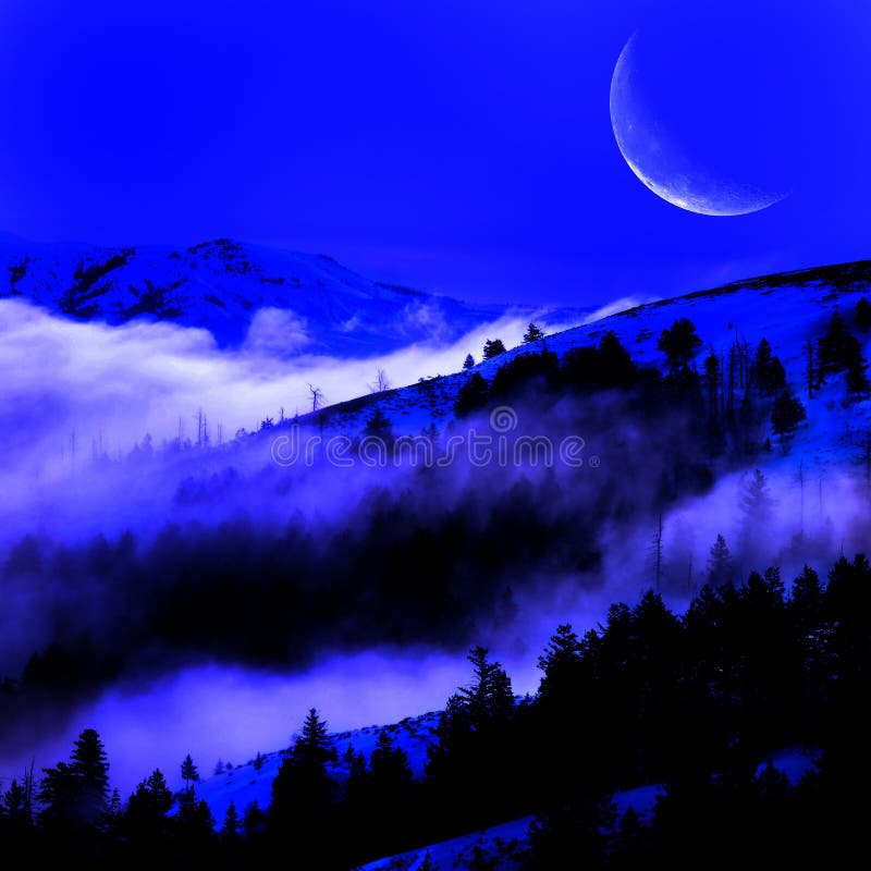 Fog in a Valley with Mountains and Moon