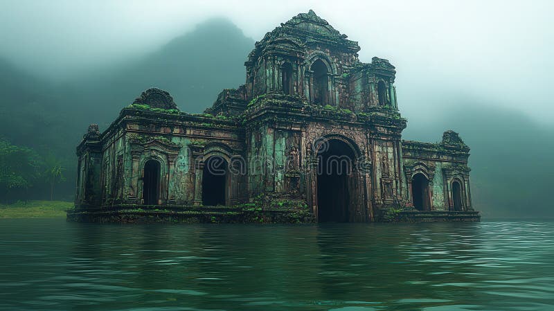 Foggy Ancient Temple in a Mystical Setting royalty free stock photography