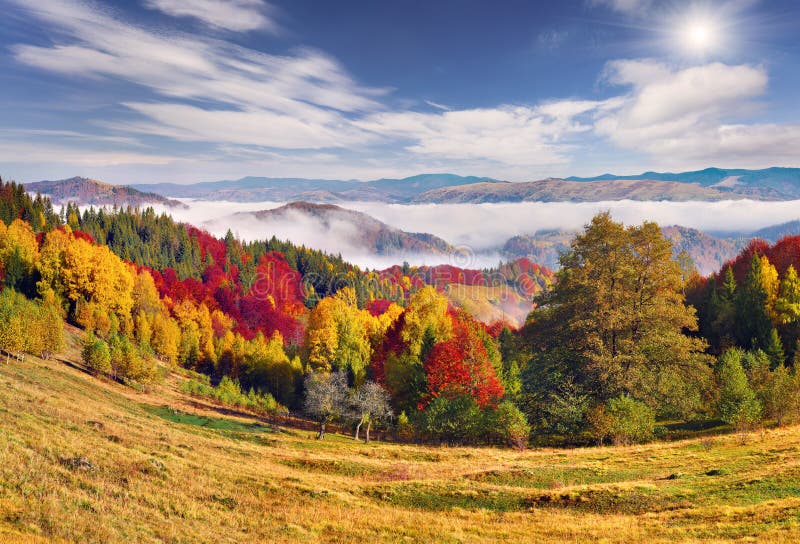 Foggy Autumn Landscape in Carpathian Mountains. Stock Photo - Image of ...