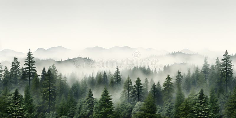 Foggy forest with coniferous trees on a white background vector illustration