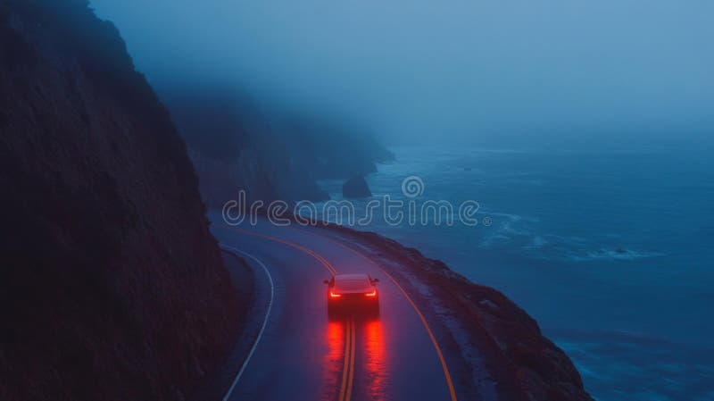 Foggy Road längs kustlinjen med en bil som kör genom royaltyfri illustrationer