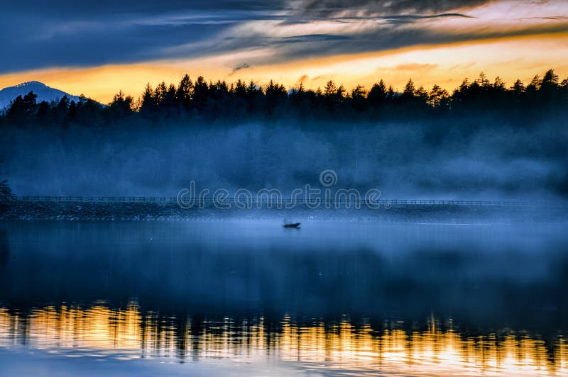 Foggy sunset stock photo