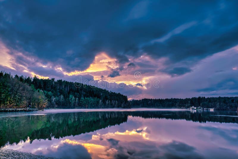 Foggy sunset stock image