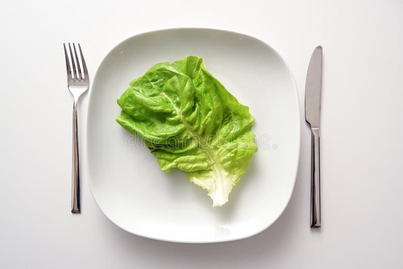 Green lettuce leaf on a square plate and cutlery on a white background, healthy diet to lose weight as a resolution in the new year, copy space, high angle view from above. Green lettuce leaf on a square plate and cutlery on a white background, healthy diet to lose weight as a resolution in the new year, copy space, high angle view from above