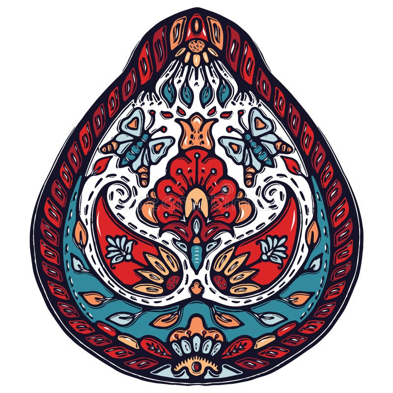 Foglia floreale Paisley orientale - stile europeo Stampa disegnata a mano del blocchetto del taglio di lino Goccia decorata del f royalty illustrazione gratis Foglia floreale Paisley orientale - stile europeo Stampa disegnata a mano del blocchetto del taglio di lino Goccia decorata del f royalty illustrazione gratis