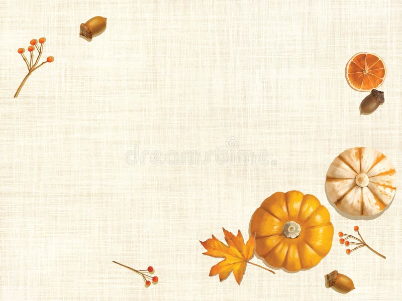 Foglie autunnali e zucche di corna e noci su fondo di carta da parati in tessuto beige illustrazione vettoriale