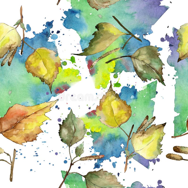 Foglie della betulla verde e gialla di autunno Fogliame floreale del giardino botanico della pianta della foglia Modello senza cu illustrazione vettoriale Foglie della betulla verde e gialla di autunno Fogliame floreale del giardino botanico della pianta della foglia Modello senza cu illustrazione vettoriale