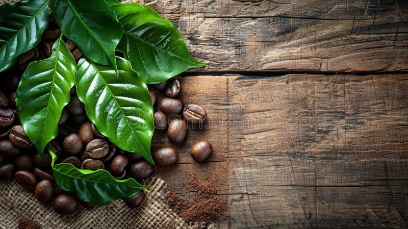 Foglie di caffè e fagioli secondo un concetto di agricoltura biologica in tavola di legno illustrazione vettoriale