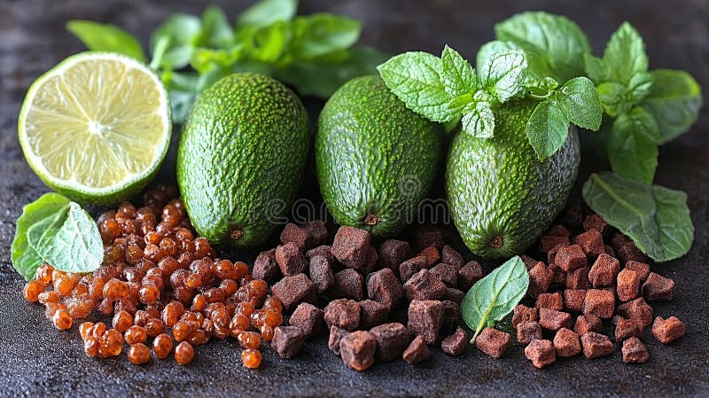 Foglie di menta di calce di avocado fresche e spezie o caviale marroni disposti su una superficie scura royalty illustrazione gratis