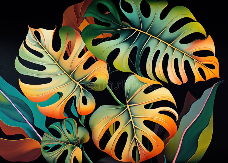 Foglie di monstera con colori vibranti abstract sfondo generativo ai illustrazione di stock
