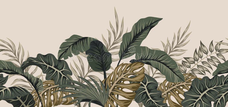 Foglie di palma tropicali, foglie di giungla, con uno sfondo floreale vettoriale senza saldatura