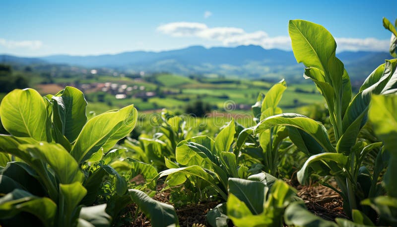 Foglie fresche di tè verde crescono in un bellissimo paesaggio di montagna generato dai ai. Foglie di tè verde fresche crescono in un bellissimo paesaggio di montagna generato dall'intelligenza artificiale generata dall'aria