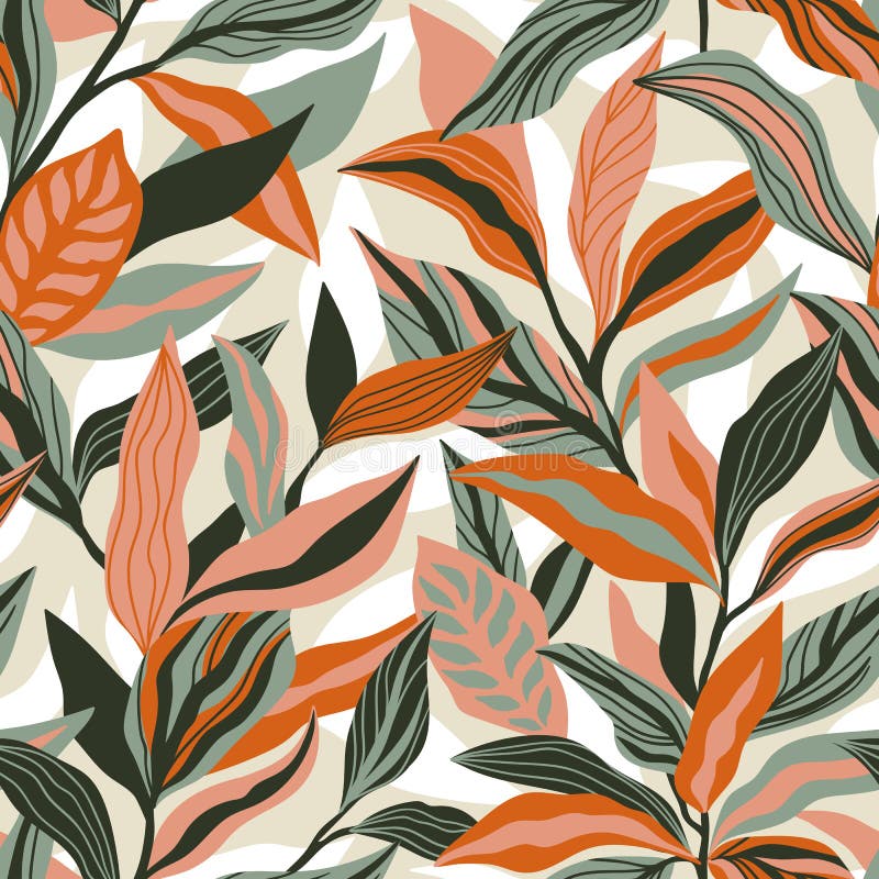Foglie tropicali di foglie a mano, tratte a mano, senza saldature Design botanico trendy in colori arancione e verde Progetto rip illustrazione di stock Foglie tropicali di foglie a mano, tratte a mano, senza saldature Design botanico trendy in colori arancione e verde Progetto rip illustrazione di stock