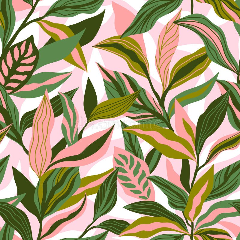 Foglie tropicali di foglie a mano, tratte a mano, senza saldature Design botanico trendy a colori rosa e verde progettazione ripe illustrazione di stock Foglie tropicali di foglie a mano, tratte a mano, senza saldature Design botanico trendy a colori rosa e verde progettazione ripe illustrazione di stock