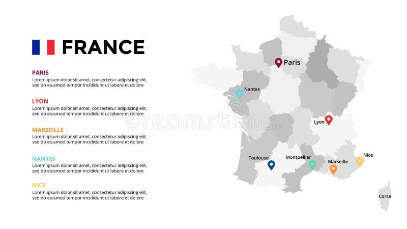 Fografisch sjabloon voor vectorkaart Frankrijk Diavoorstelling Parijs, Lyon, Marseille, Nantes, Nice Europa Wereld