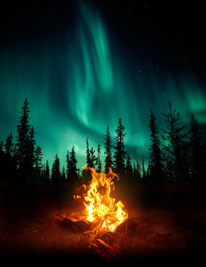 A warm and cosy campfire in the wilderness with forest trees silhouetted in the background and the stars and Northern Lights Aurora Borealis lighting up the night sky. Photo composite. A warm and cosy campfire in the wilderness with forest trees silhouetted in the background and the stars and Northern Lights Aurora Borealis lighting up the night sky. Photo composite.