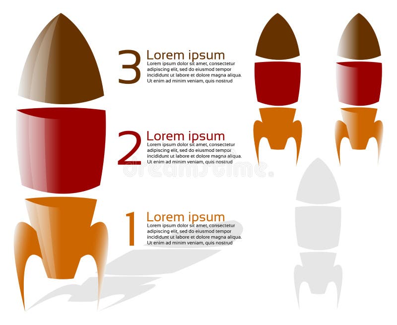 Three stage / step rocket infographic in different versions. Three stage / step rocket infographic in different versions