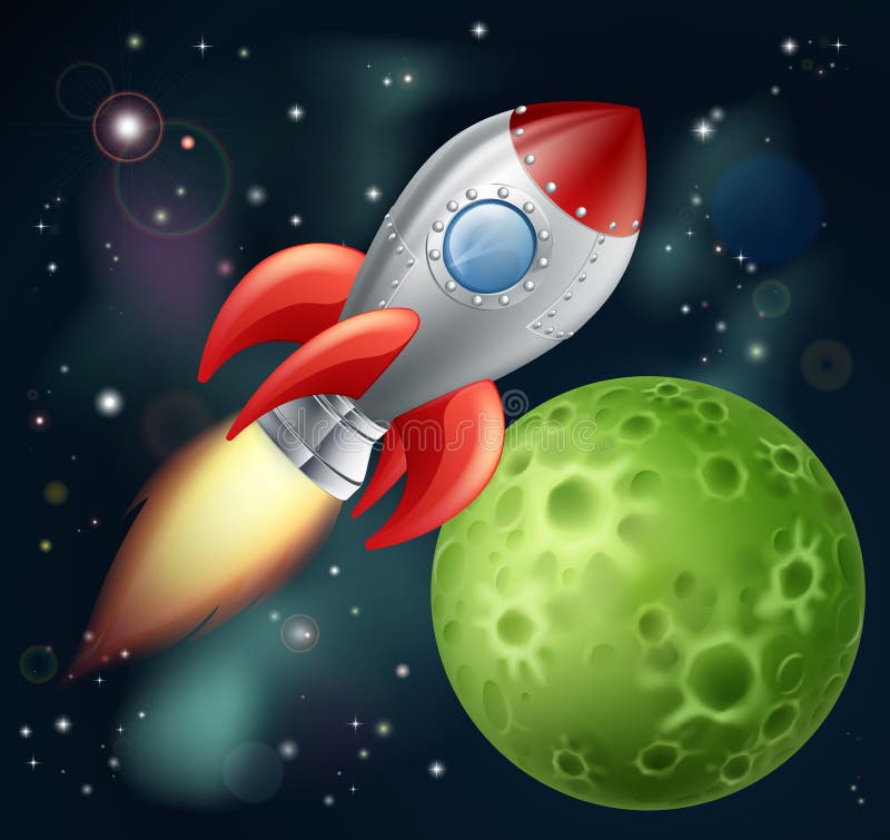 Illustration of a cartoon rocket spaceship with space background and planets and stars. Illustration of a cartoon rocket spaceship with space background and planets and stars