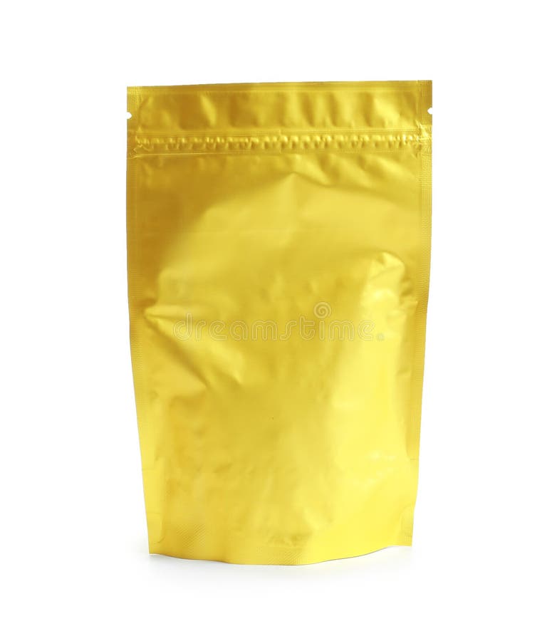 Foil bag with tea on white background