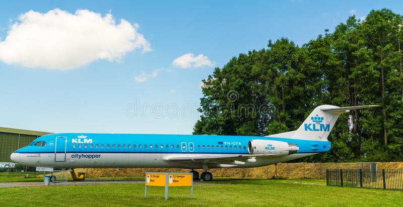 Fokker 100 KLM Cityhopper Airplane displayed at the Aviodrome Airplane museum stock image Fokker 100 KLM Cityhopper Airplane displayed at the Aviodrome Airplane museum stock image