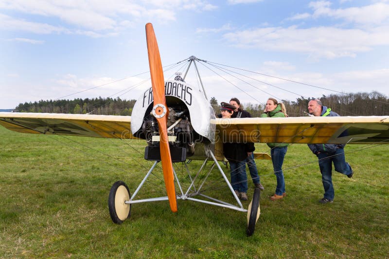 PLASY, CZECH REPUBLIC - APRIL 30 2017: Fokker E. III Eindecker fighter aircraft of World War I. stands on airport on April 30, 2017 in Plasy, Czech Republic. PLASY, CZECH REPUBLIC - APRIL 30 2017: Fokker E. III Eindecker fighter aircraft of World War I. stands on airport on April 30, 2017 in Plasy, Czech Republic.