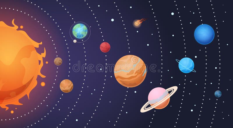 Fokus ein: Ausschnitts-Pfad Erdevenus-MercuryWith Karikatursonne und Erde, Planeten auf Bahnen Astronomieuniversum-Ausbildungshin