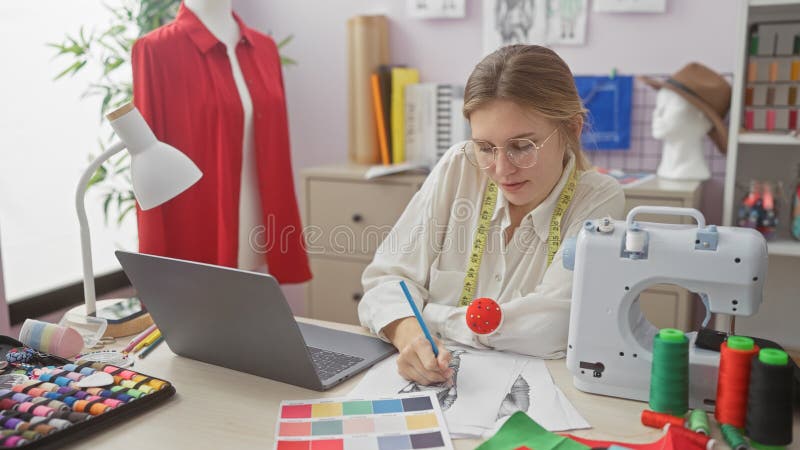 Fokuserad ung kvinna som designar sig i en skarp skräddarbutik med färgtråd mannequin och symaskiner arkivbilder