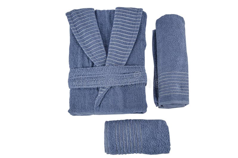 Folded Bath Towel Set and Bath Robe Set. Bathrobe and Slippers Isolated on White Stock Image