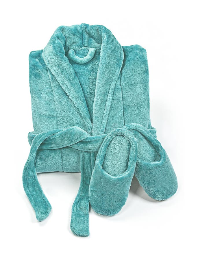 Folded Bathrobe, and Slippers Isolated on White, Top View. Stock Photo