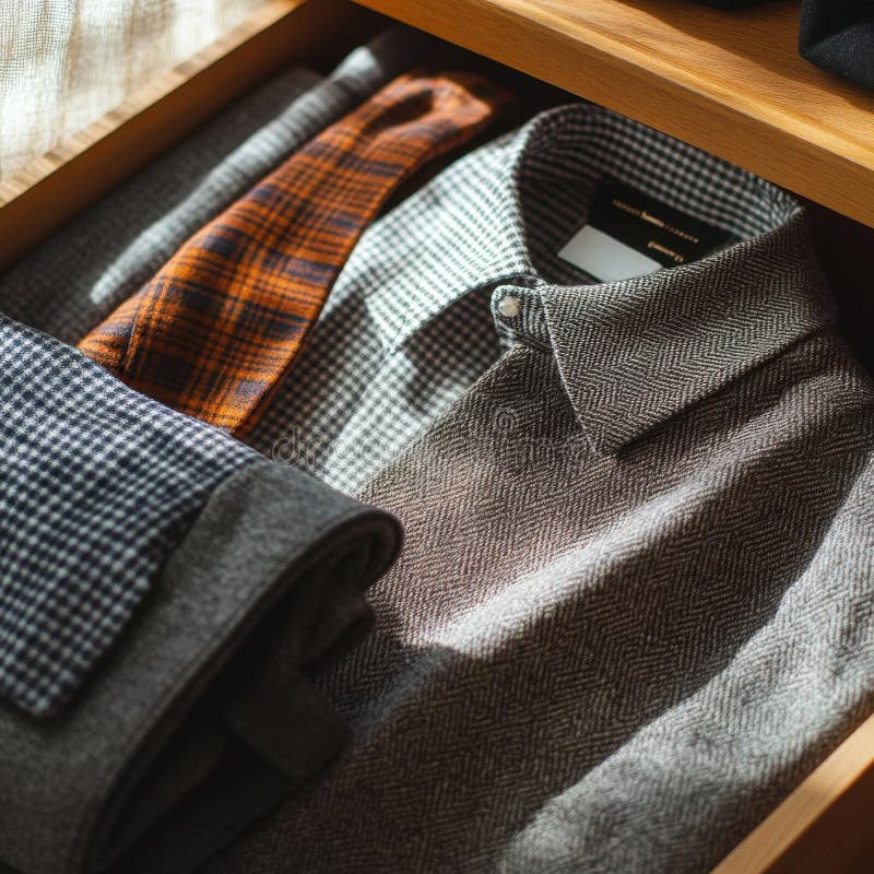 Folded Clothing in Drawer Plaid Shirt Tie and Herringbone Jacket