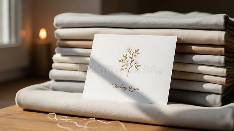 Folded fabric stack with a greeting card and a lit candle royalty free illustration