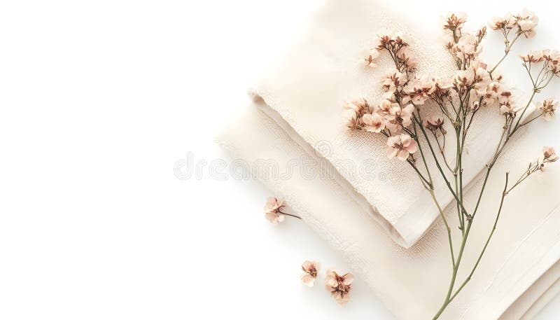 Folded soft terry towels with beautiful flowers on white background stock photo